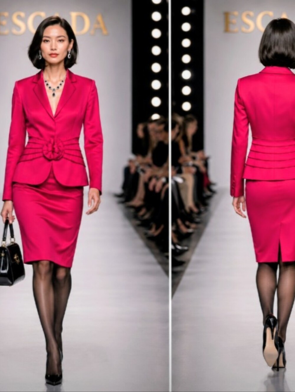 ESCADA 38/8 RASPBERRY QUALITY SILK TAILORED RAISED FLORAL TRIM PEPLUM SKIRT SUIT